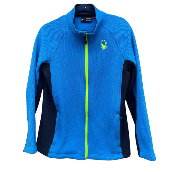 Spyder Blue/Neon Green Ribbed Sweater Jacket - Kids Size XL 18 - Picture 5 of 14